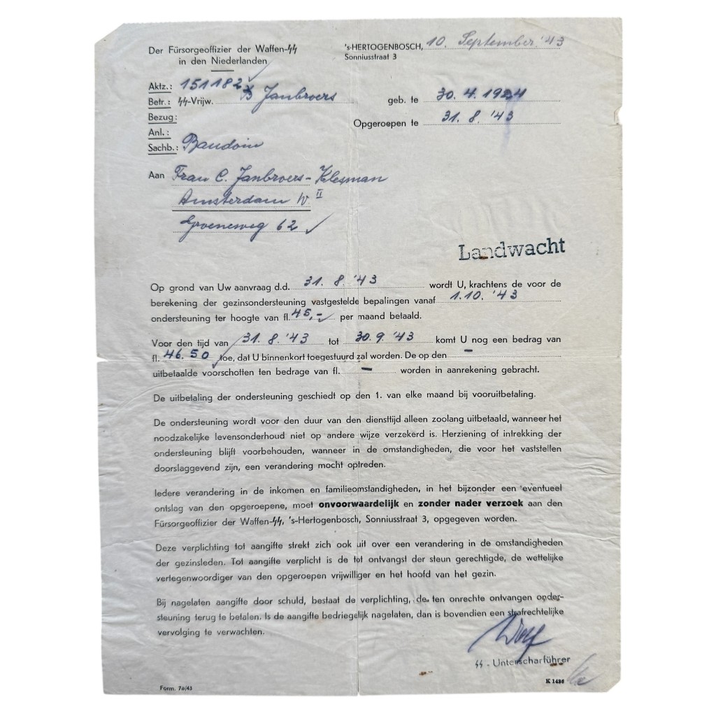 Original WWII Dutch Waffen-SS 'Fürsorge' document Amsterdam - 's-Hertogenbosch