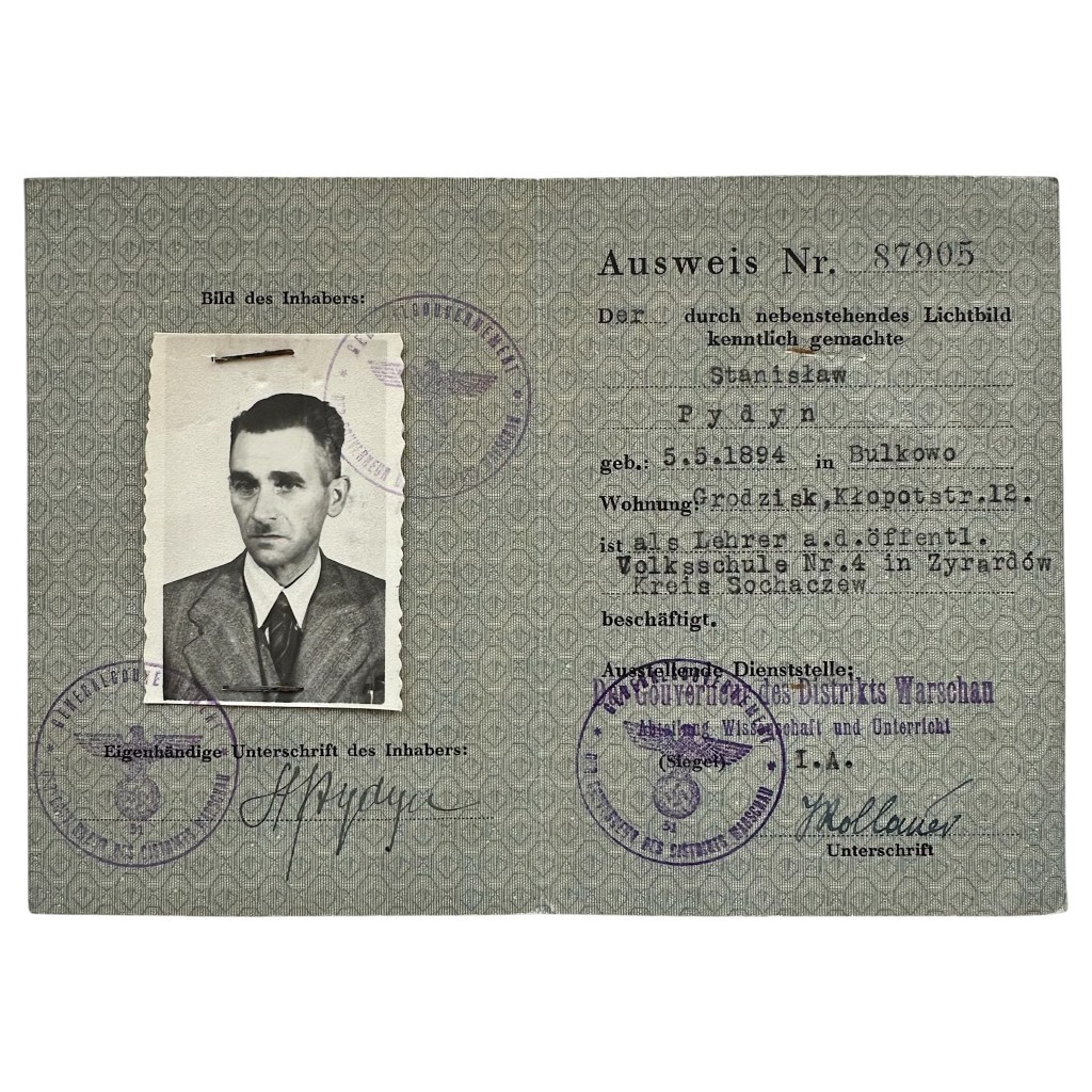 Original WWII German Ausweis from occupied Poland - Warsaw - Bulkowo - Żyrardów