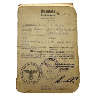 Original WWII German Ausweis issued in occupied Poland for an employee of Lackfabrik 'PORSA' A.G. in Radom - Krakau