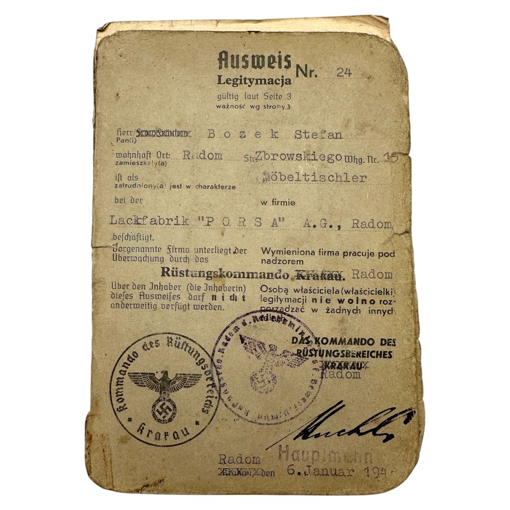 Original WWII German Ausweis issued in occupied Poland for an employee of Lackfabrik 'PORSA' A.G. in Radom - Krakau