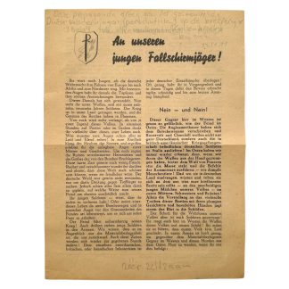 Original WWII German Fallschirmjäger propaganda leaflet An unseren jungen Fallschirmjäger with wartime propaganda text and pencil notes