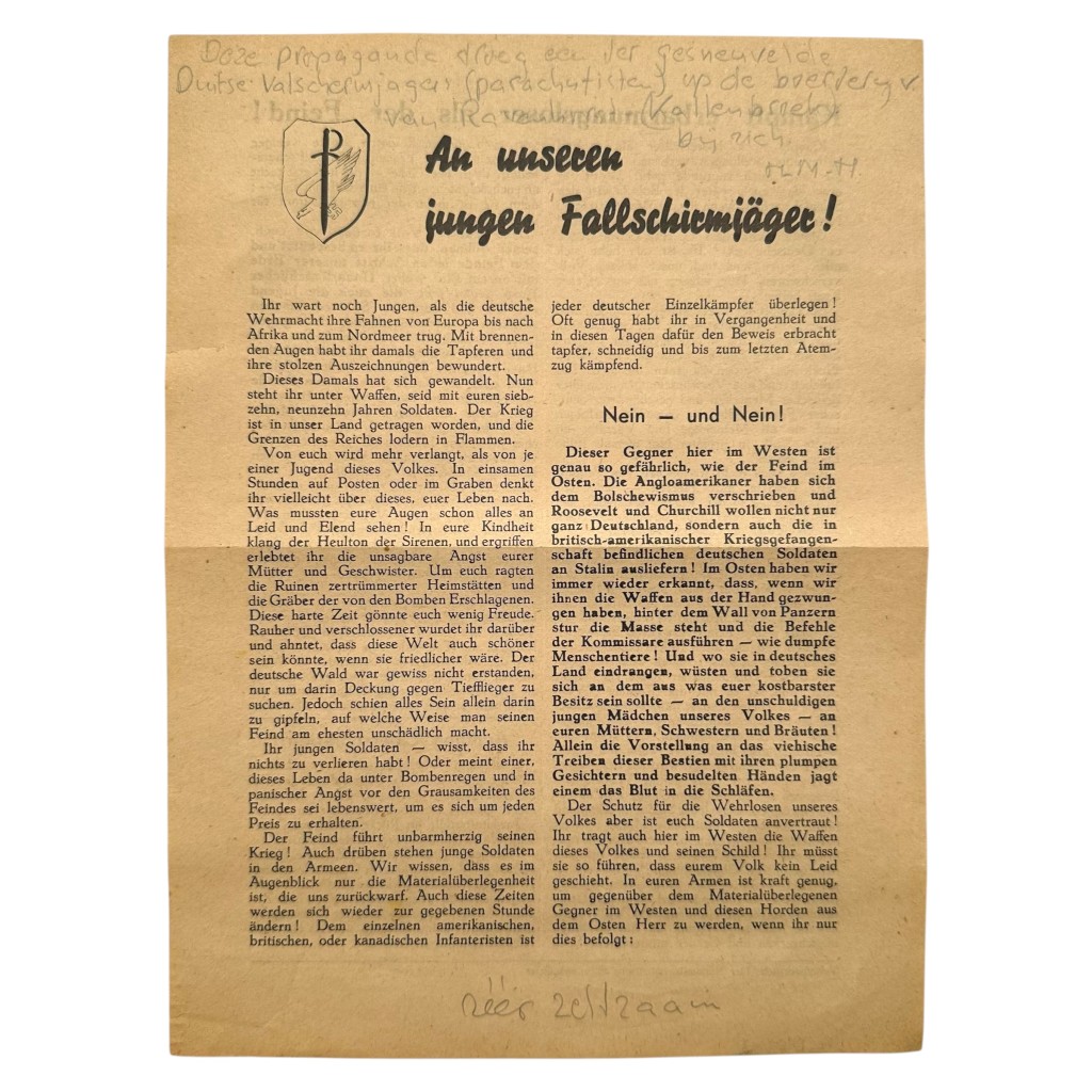 Original WWII German Fallschirmjäger propaganda leaflet An unseren jungen Fallschirmjäger with wartime propaganda text and pencil notes