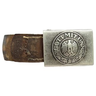 Original WWII German Heer aluminium belt buckle with leather tab Gebr. Krei Lüdenscheid 1938 Second World War militaria collectible for collectors