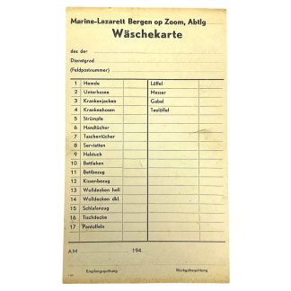 Originele WWII Kriegsmarine Wäschekarte van Marine-Lazarett Bergen op Zoom. Duits militair hospitaal document voor verzamelaars.
