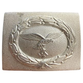 Original WWII German Luftwaffe aluminium parade belt buckle with eagle and oak leaf wreath. Rare militaria collectible.