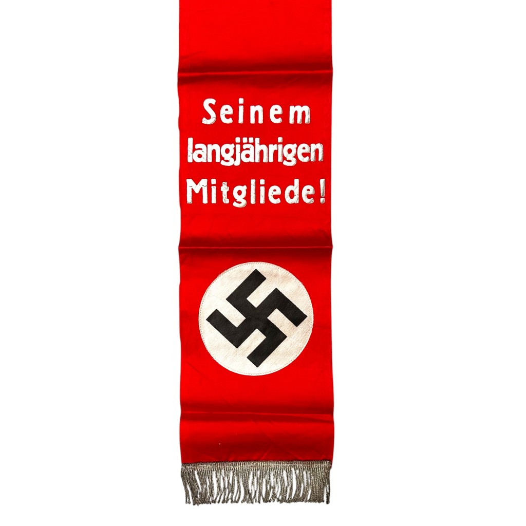 Original WWII German grave ribbon 'Seinem langjährigen Mitgliede!' Second World War 124 x 17 cm militaria collector's item.
