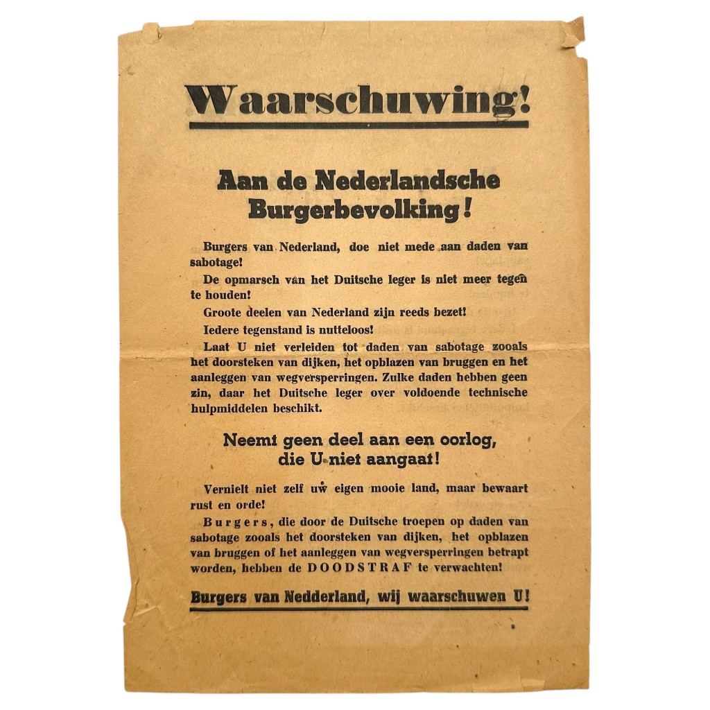 Original WWII German propaganda leaflet issued during the German invasion of the Netherlands in May 1940