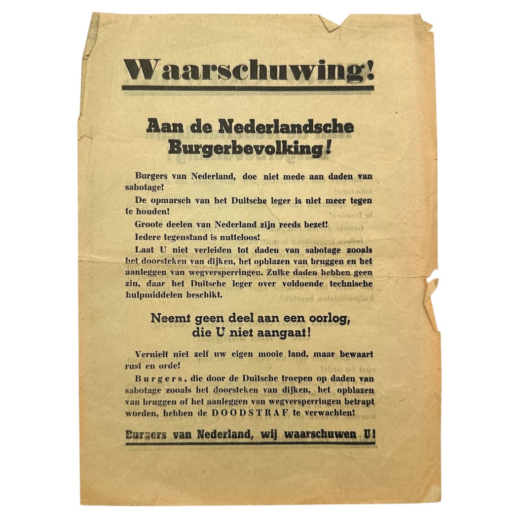 Original WWII German propaganda leaflet issued during the German invasion of the Netherlands in May 1940