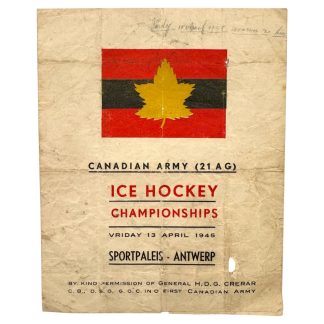 Origineel WWII Canadees leger Ice Hockey Championships programma Sportpaleis Antwerpen 13 april 1945 Belgische Rode Kruis verzamelobject.
