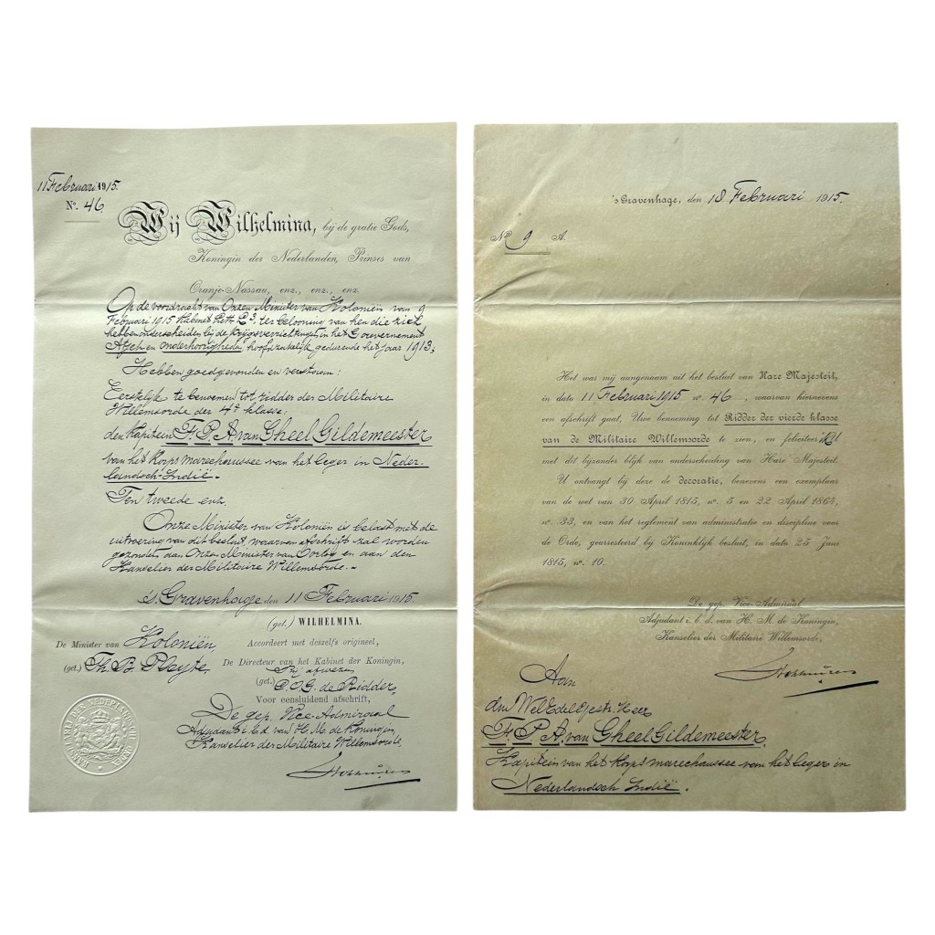 Originele 1915 KNIL Marechaussee benoemingsdocumenten Ridder 4e Klasse Militaire Willems-Orde Kapitein F.P.A. van Gheel Gildemeester Atjeh Nederlands-Indië