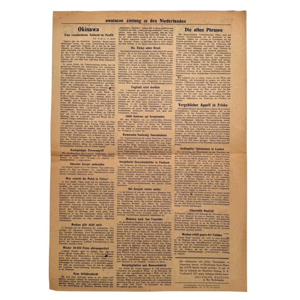 Original WWII German 'Deutsche Zeitung in den Niederlanden', published in Amsterdam on April 18, 1945 - Image 3