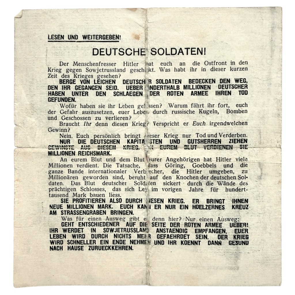 Original Soviet Russian propaganda leaflet from World War II, printed in German and directed at German soldiers on the Eastern Front