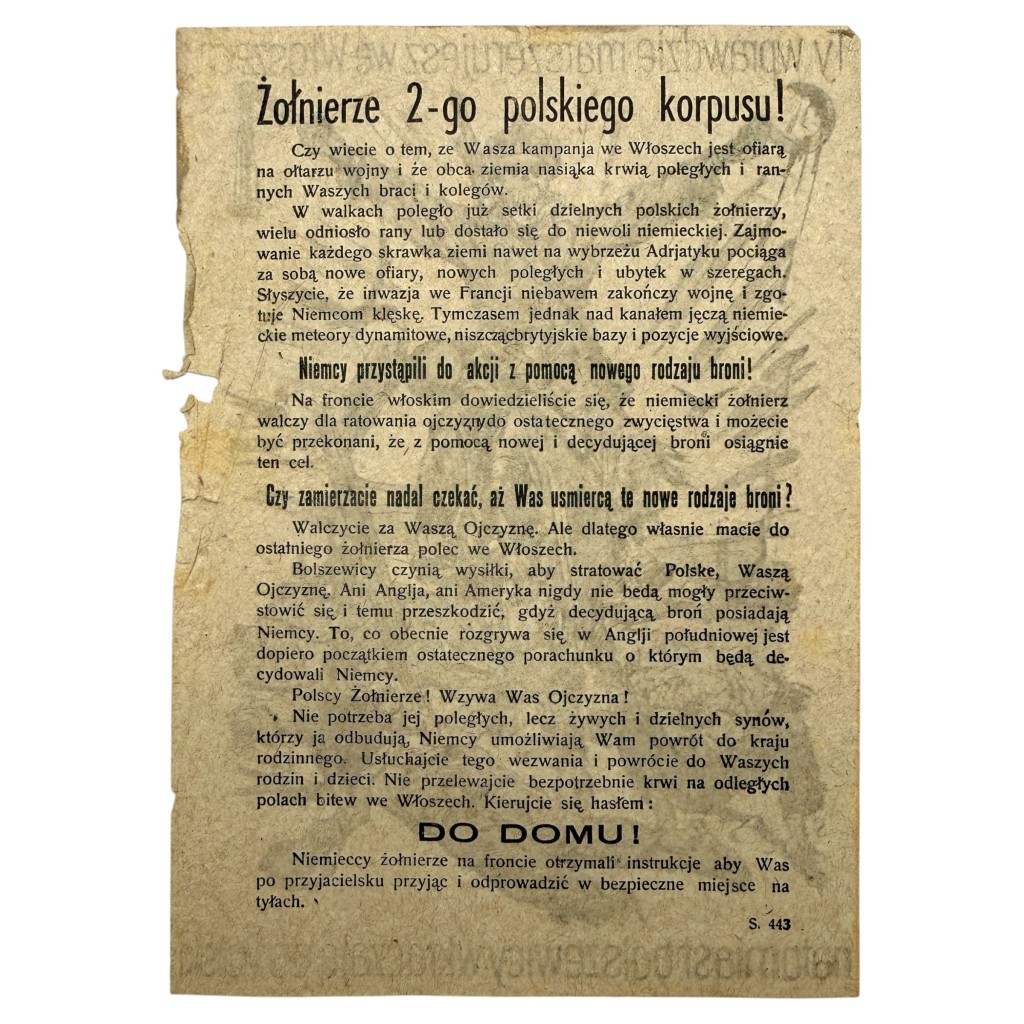 Original WWII German Polish-Language Anti-Bolshevik Propaganda Leaflet Polish II Corps Italy - Image 2