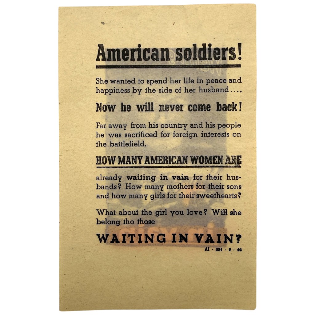 Original WWII German Propaganda Leaflet for American Soldiers 'Waiting in Vain' 1944