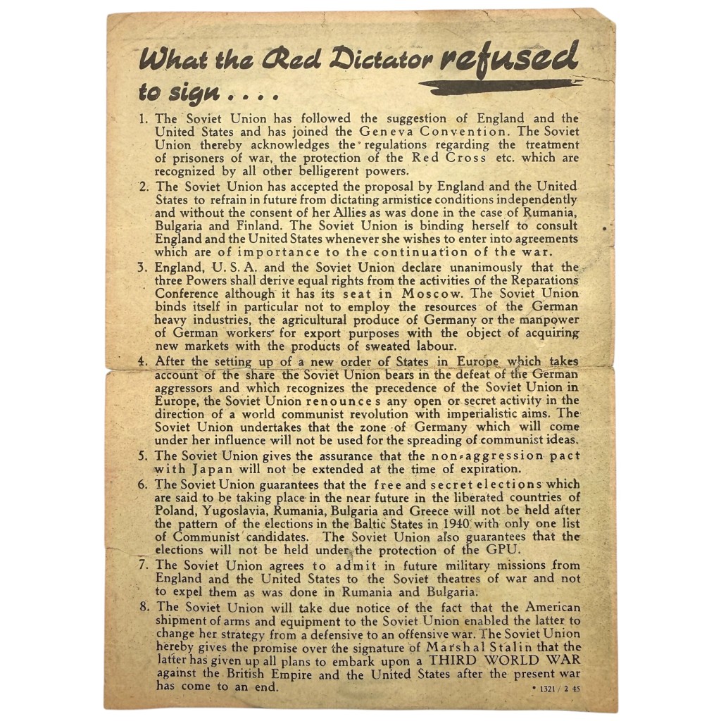 Original WWII German Propaganda Leaflet Stalin Churchill Roosevelt Soviet Union 1945 - Image 2