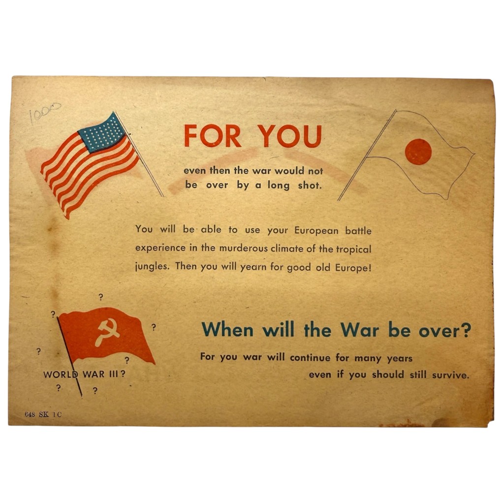 Original WWII German Propaganda Leaflet 'When Will the War Be Over?' US 84th Division
