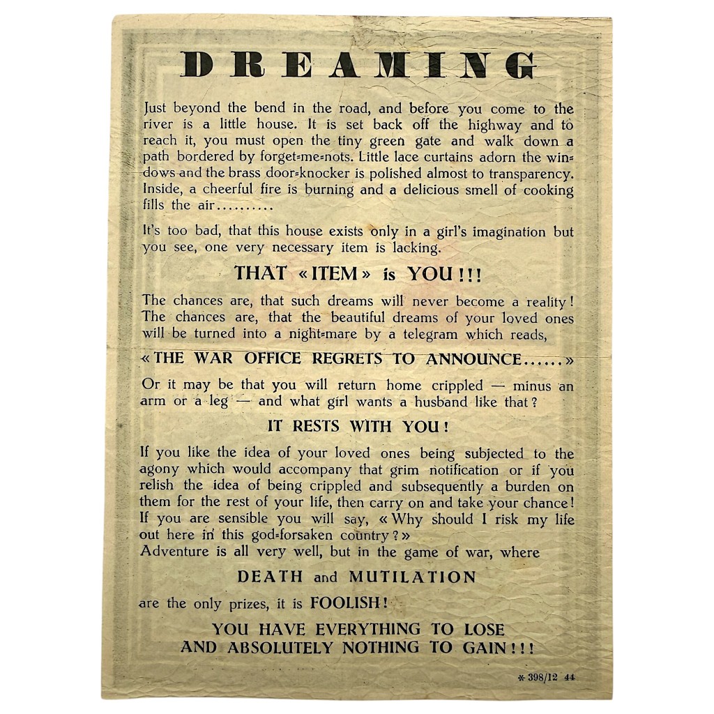 Original WWII German Propaganda Leaflet 'Dreaming' Allied Soldiers December 1944