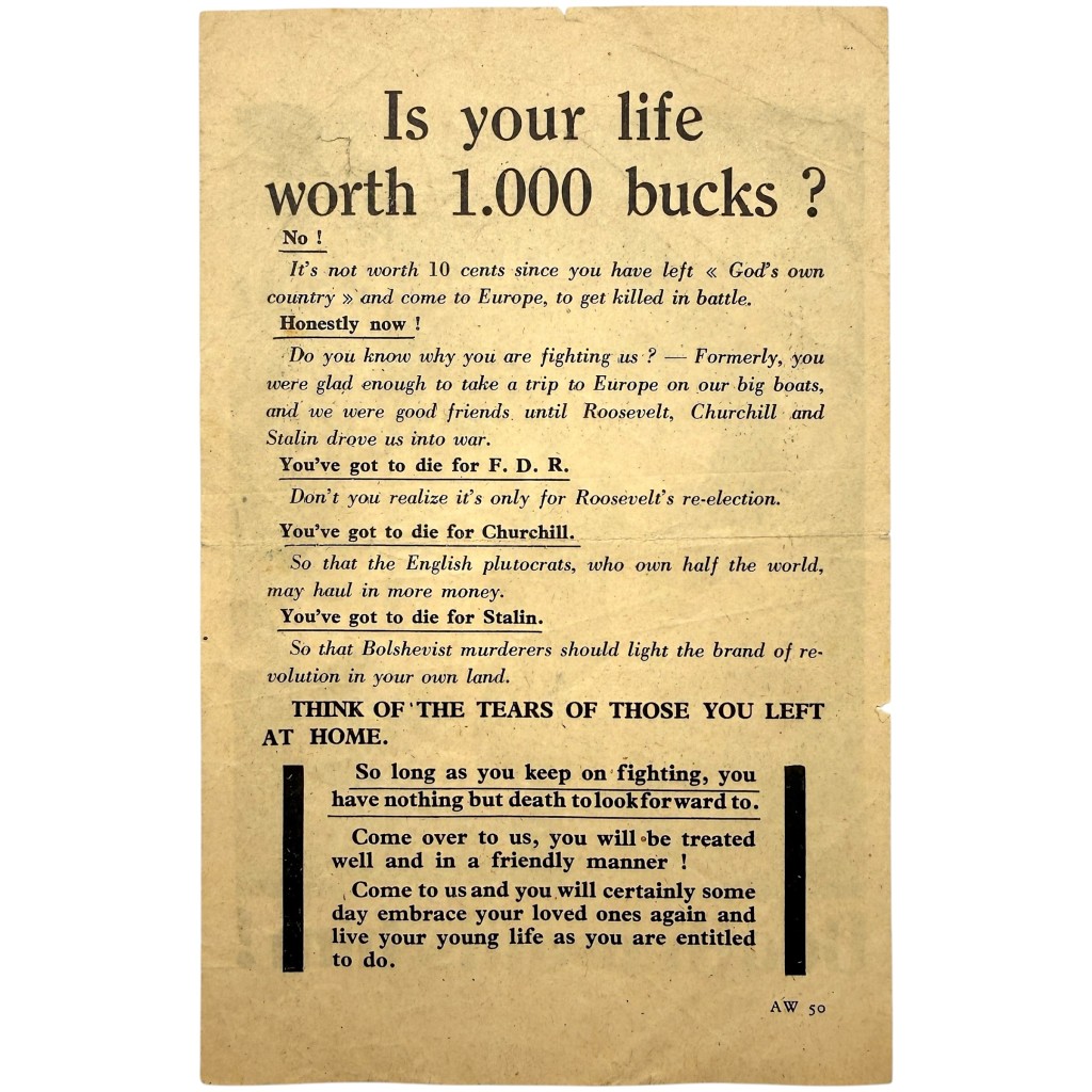 Original WWII German Propaganda Leaflet 'Death Awaits Him!' American Soldiers