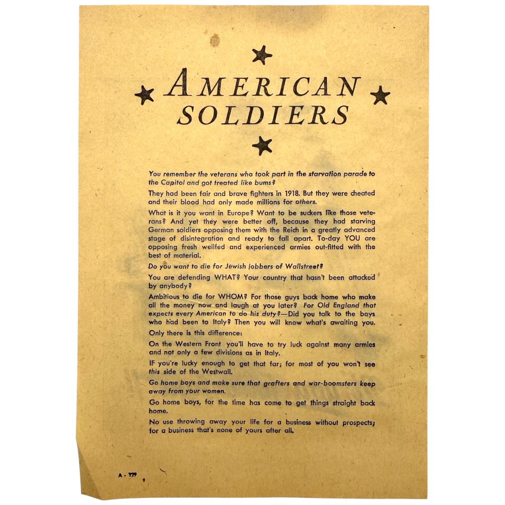 Original WWII German Propaganda Leaflet 'American Soldiers – It's Your Job to Fight!'