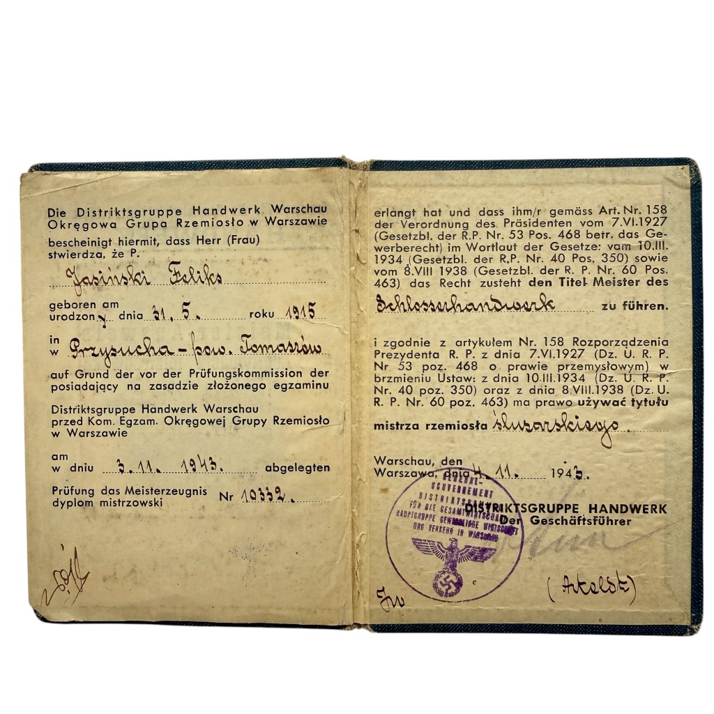 Original WWII German Occupied Poland Warsaw Meister-Ausweis Craftsman ID 1943 Warschau - Image 3