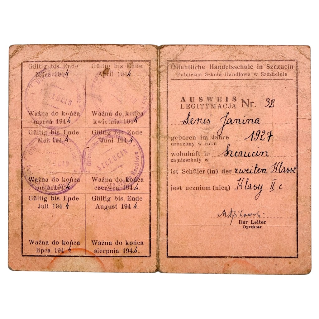 Original WWII German Occupied Poland School Ausweis Janina Sorus Szczucin 1943-1944