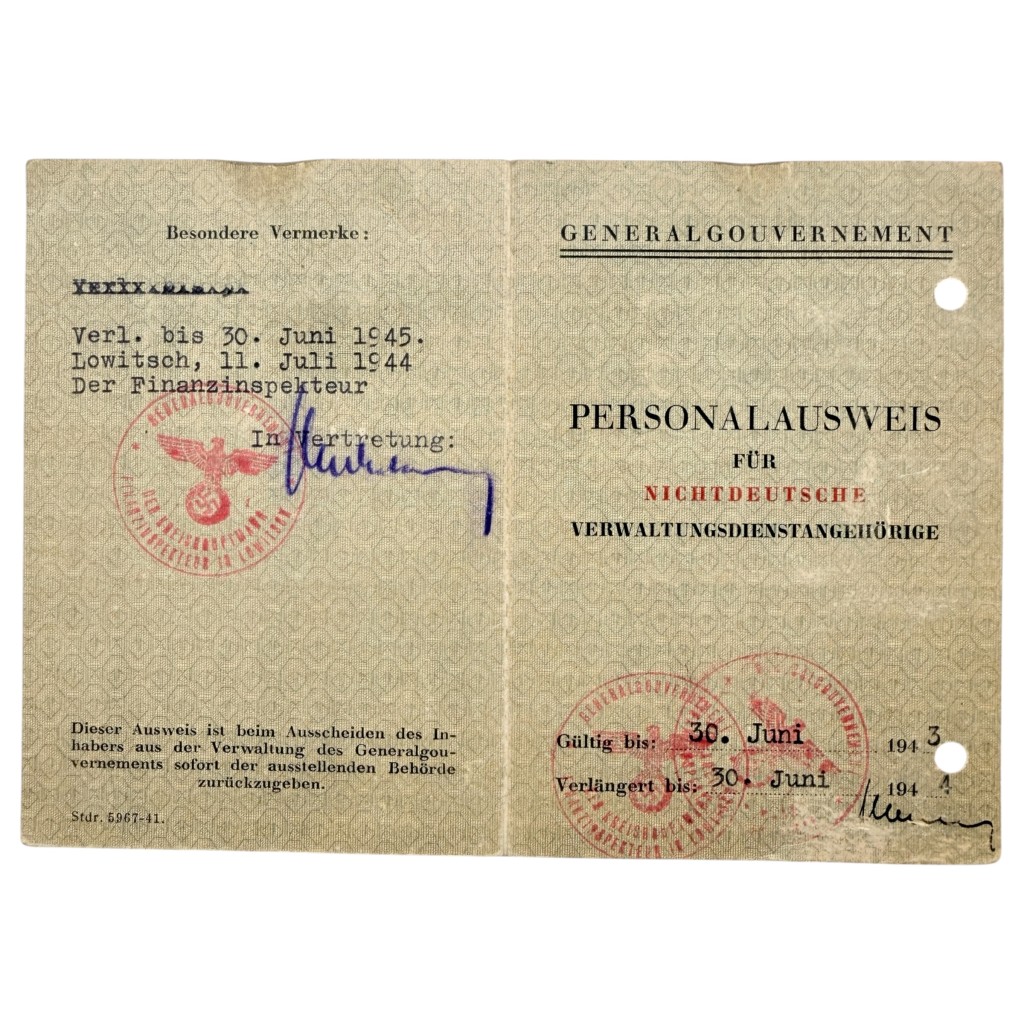 Original WWII Generalgouvernement Personalausweis Tadeusz Kornowski Tax Office Sochaczew 1942
