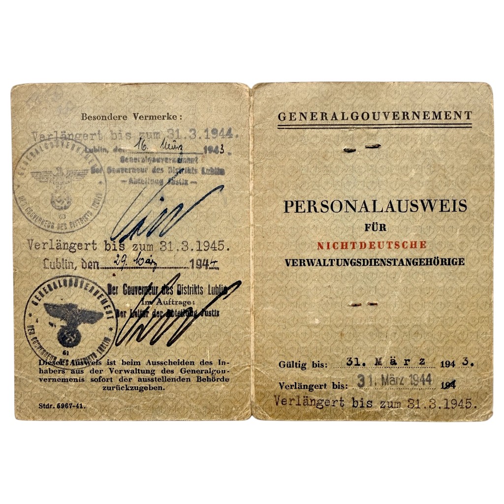 Original WWII German Personal-Ausweis Leokadia Tarka Lublin Staatsanwaltschaft 1943