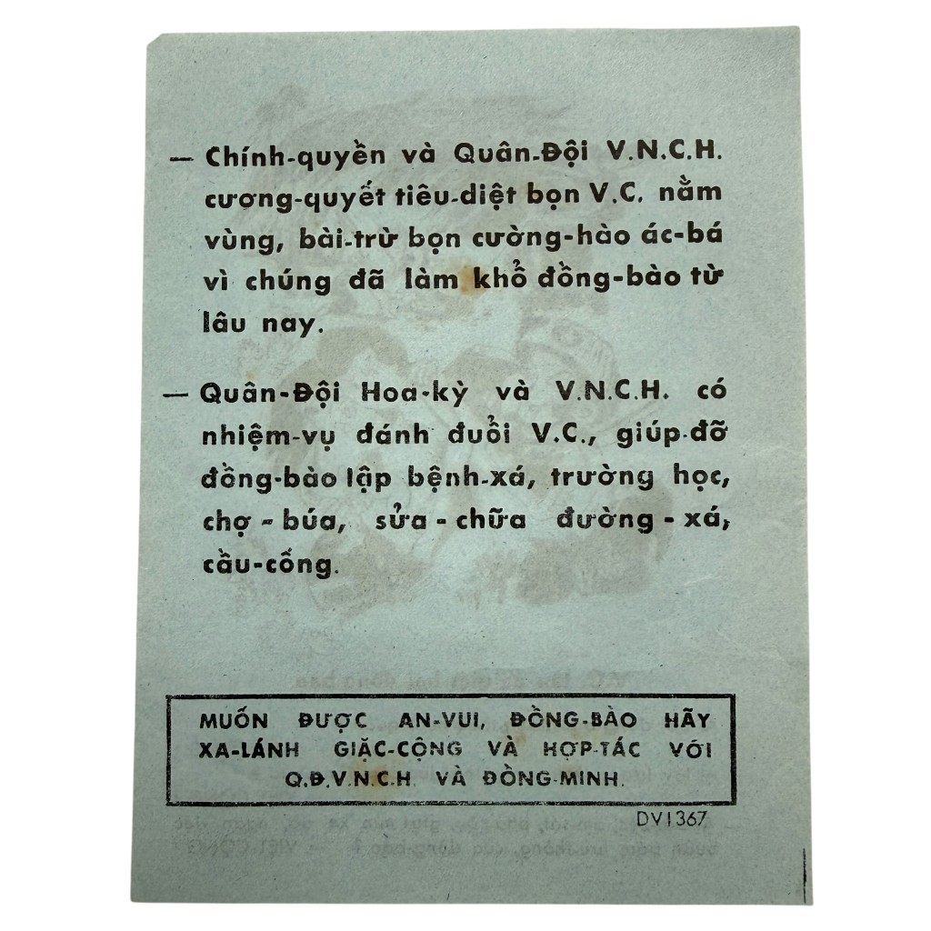 Original Vietnam War Propaganda Leaflet Anti-Viet Cong