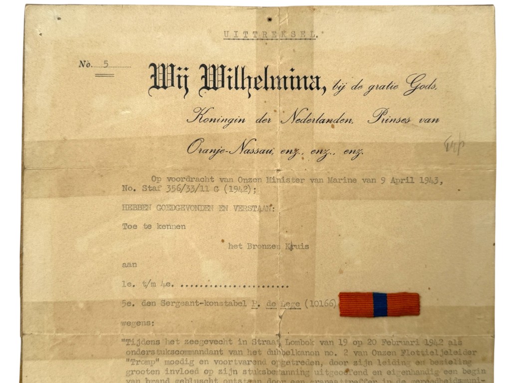 Original WWII Dutch Bronze Cross Award Document – Battle of Badung Strait 1942 – P. de Lege - Image 3