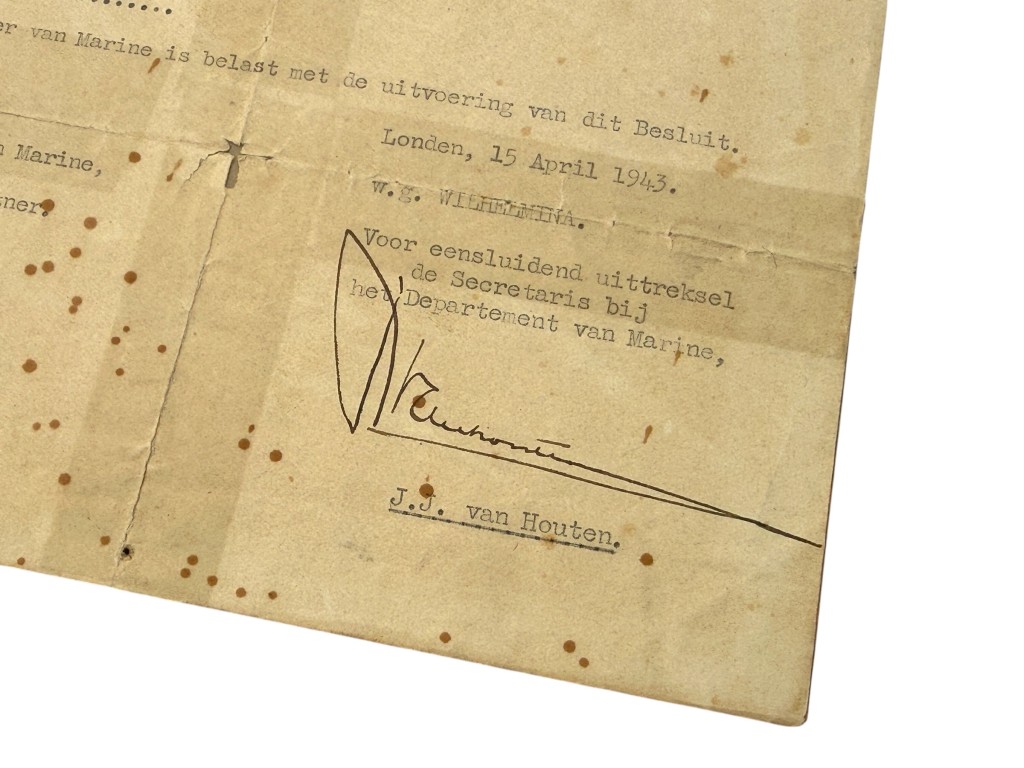 Original WWII Dutch Bronze Cross Award Document – Battle of Badung Strait 1942 – P. de Lege - Image 5