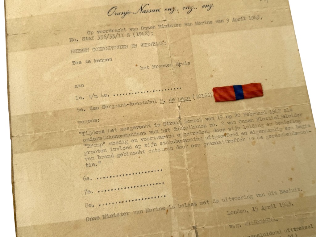 Original WWII Dutch Bronze Cross Award Document – Battle of Badung Strait 1942 – P. de Lege - Image 6