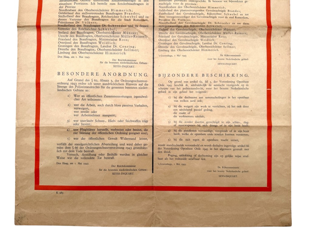 Original WWII German Dutch Martial Law Decree Poster Seyss-Inquart May 1943 - Image 3