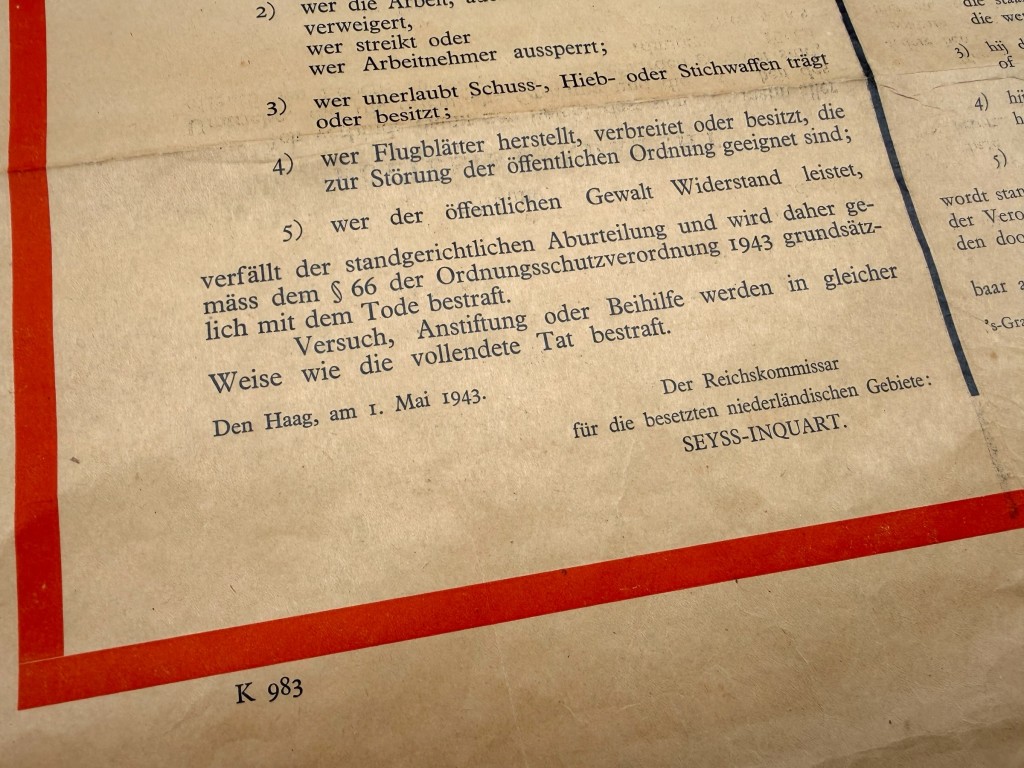 Original WWII German Dutch Martial Law Decree Poster Seyss-Inquart May 1943 - Image 4
