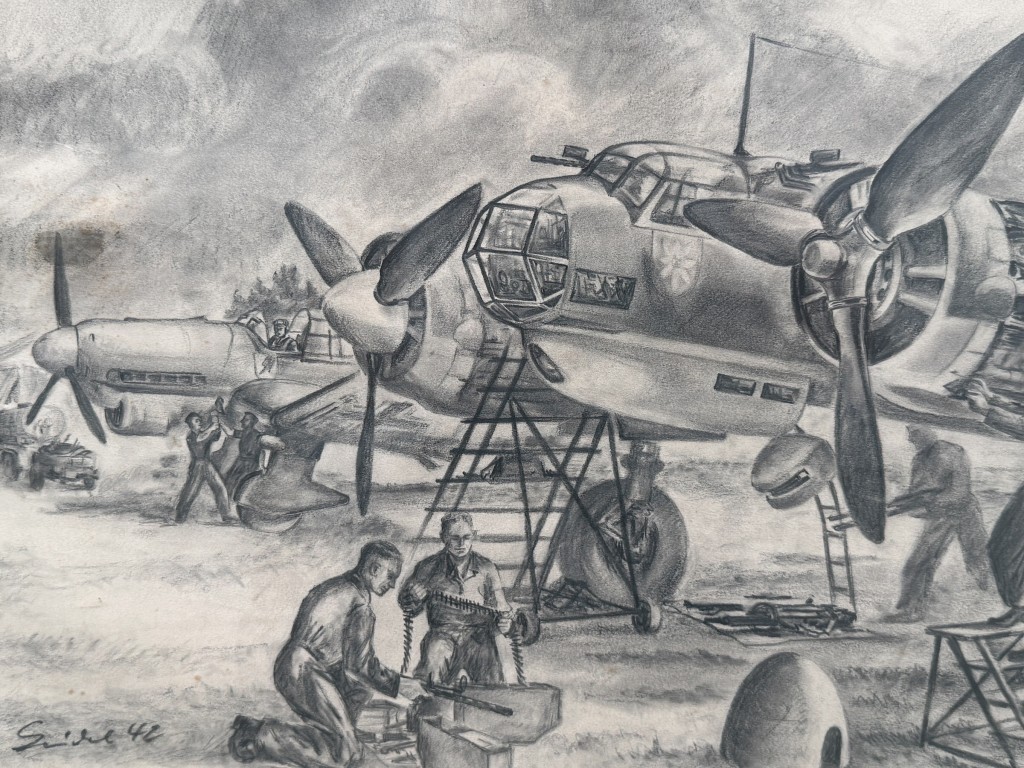 Original WWII German Luftwaffe Bomber Drawing 1942 Signed Aviation Artwork