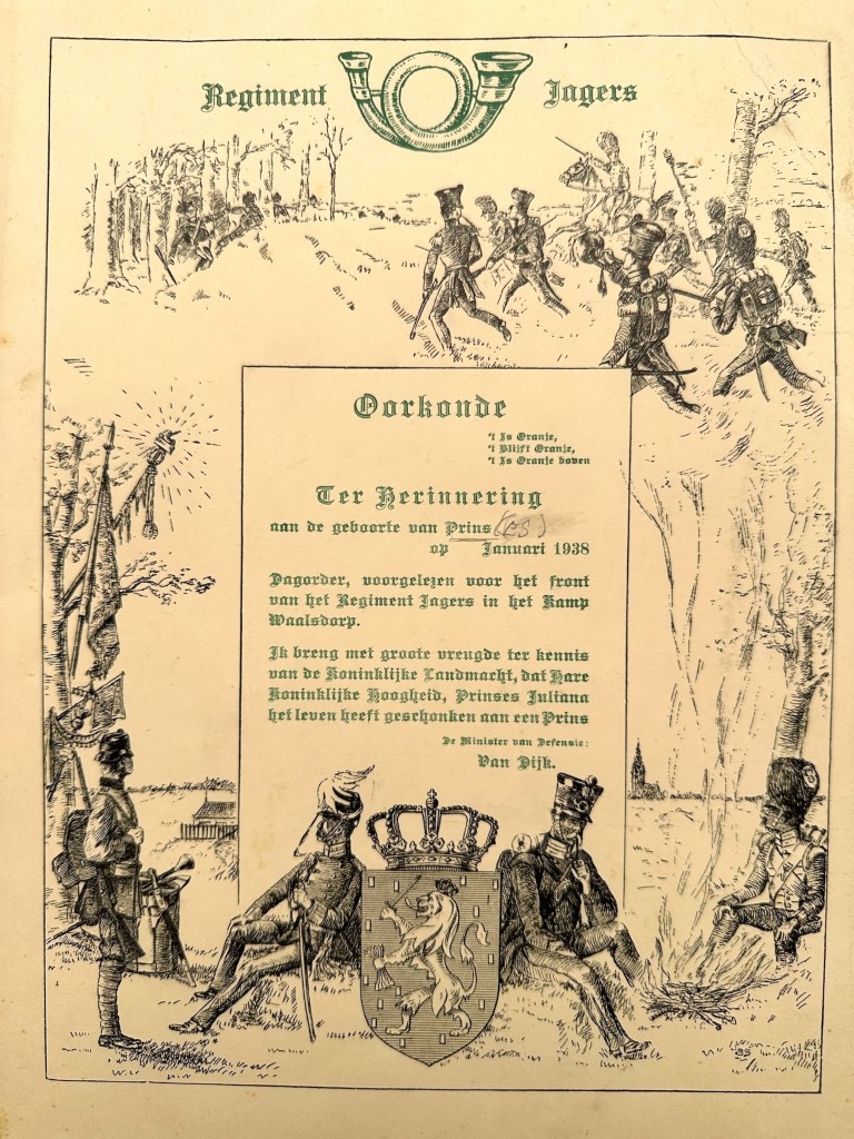 Original Pre 1940 Dutch army Regiment Jagers Waalsdorp commemorative certificate 1938 to mark the birth of Princess Beatrix - Image 2