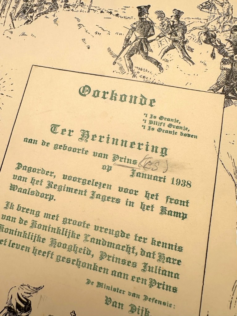 Original Pre 1940 Dutch army Regiment Jagers Waalsdorp commemorative certificate 1938 to mark the birth of Princess Beatrix - Image 3