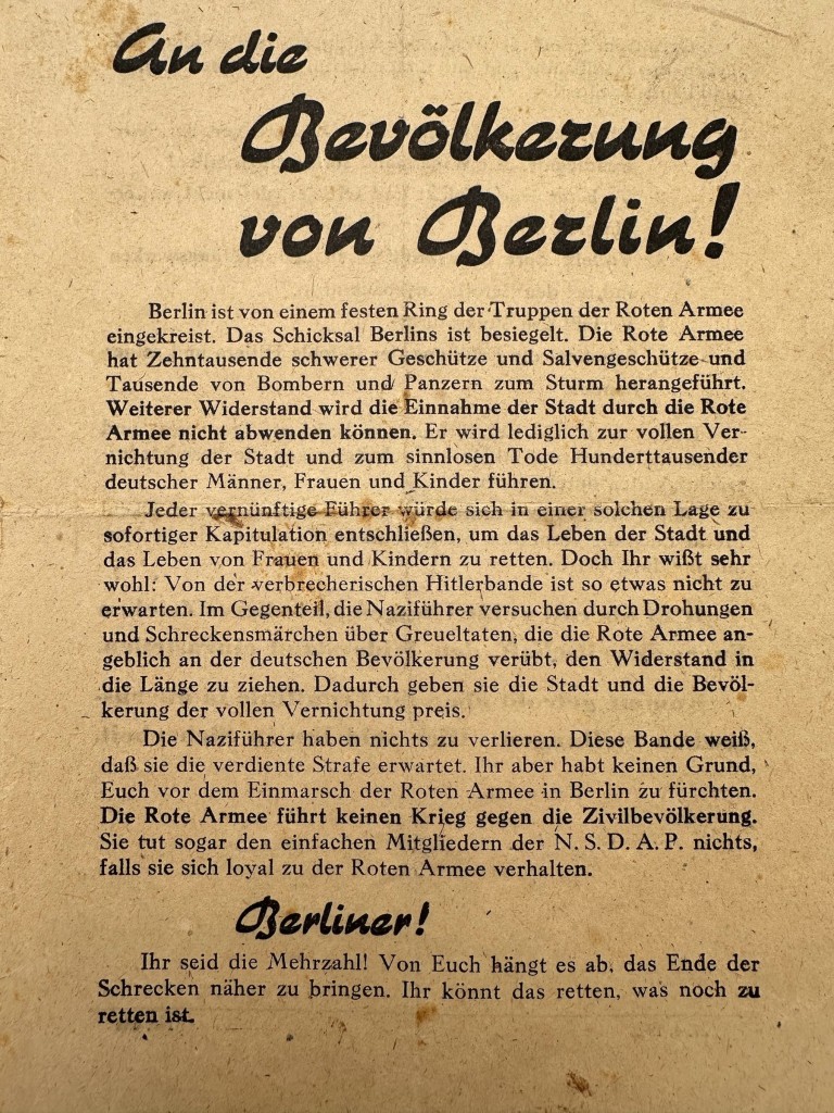 Original WWII Soviet Russian 'Battle of Berlin' Propaganda Leaflet to the Population of Berlin – 27 April 1945 - Image 2