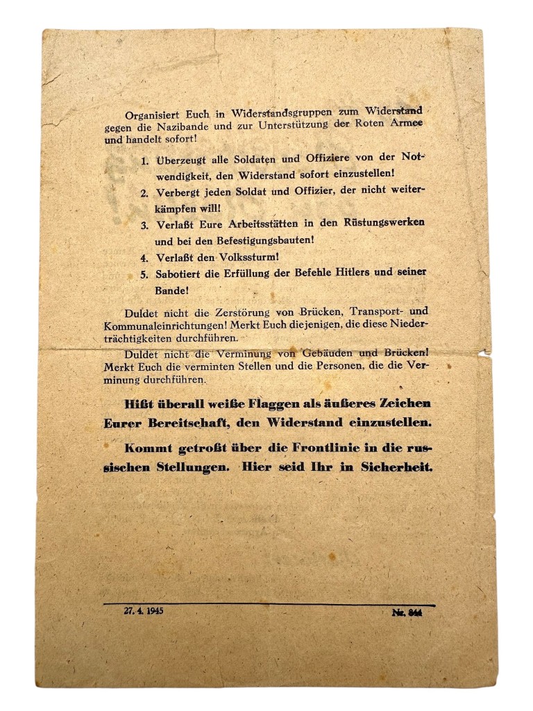 Original WWII Soviet Russian 'Battle of Berlin' Propaganda Leaflet to the Population of Berlin – 27 April 1945 - Image 3