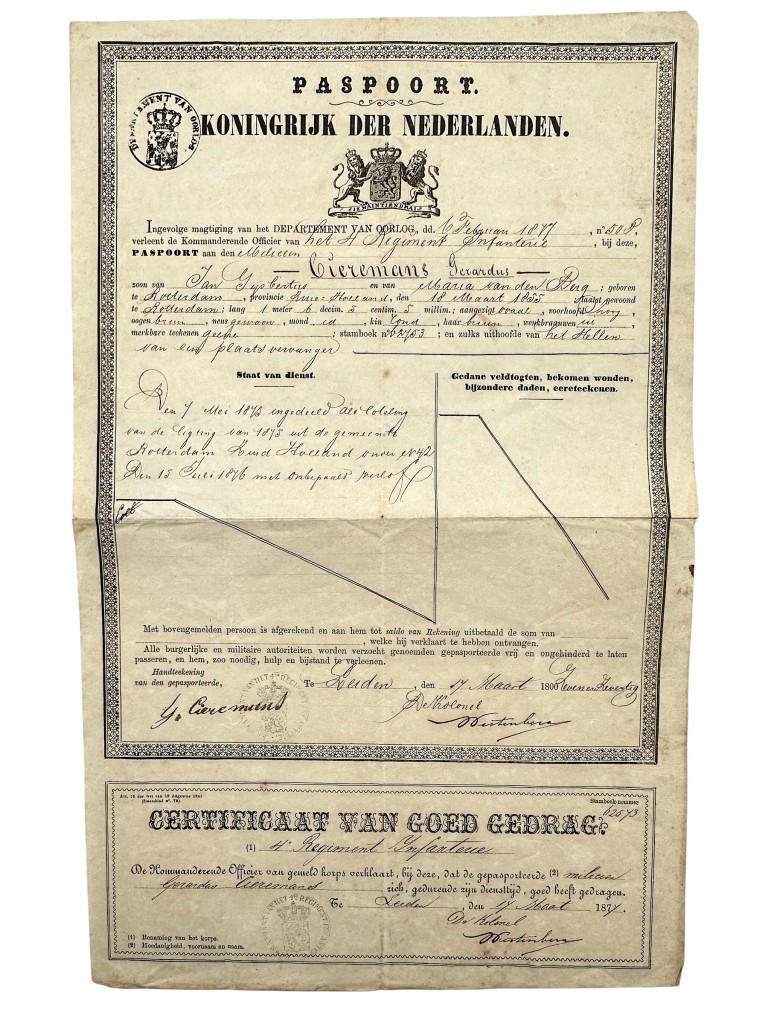Original 1875 Dutch Army service book with matching military passport issued to the 4th Regiment Infantry - Rotterdam - Image 2