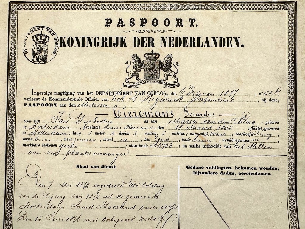 Original 1875 Dutch Army service book with matching military passport issued to the 4th Regiment Infantry - Rotterdam - Image 3