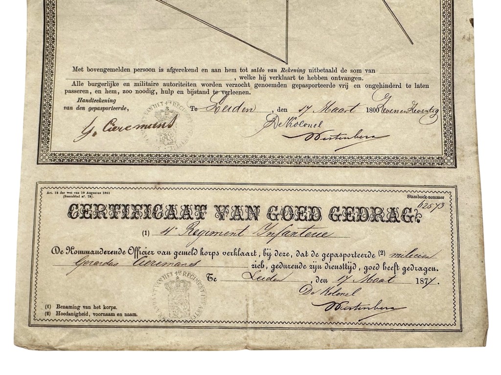 Original 1875 Dutch Army service book with matching military passport issued to the 4th Regiment Infantry - Rotterdam - Image 4