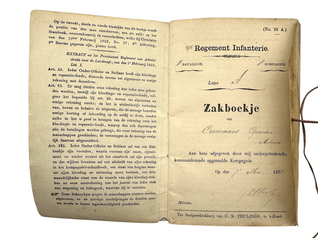 Original 1875 Dutch Army service book with matching military passport issued to the 4th Regiment Infantry - Rotterdam - Image 7