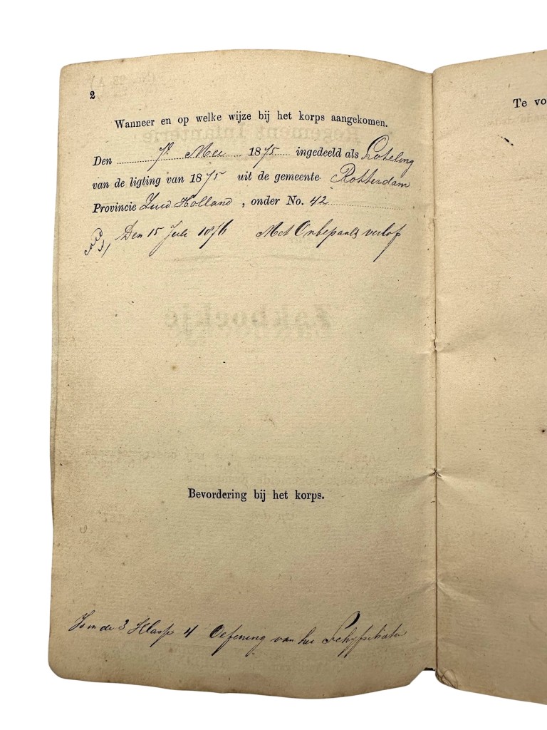 Original 1875 Dutch Army service book with matching military passport issued to the 4th Regiment Infantry - Rotterdam - Image 9
