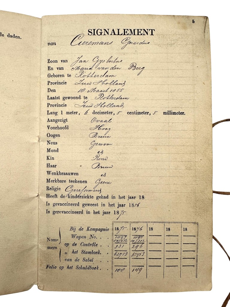 Original 1875 Dutch Army service book with matching military passport issued to the 4th Regiment Infantry - Rotterdam - Image 10