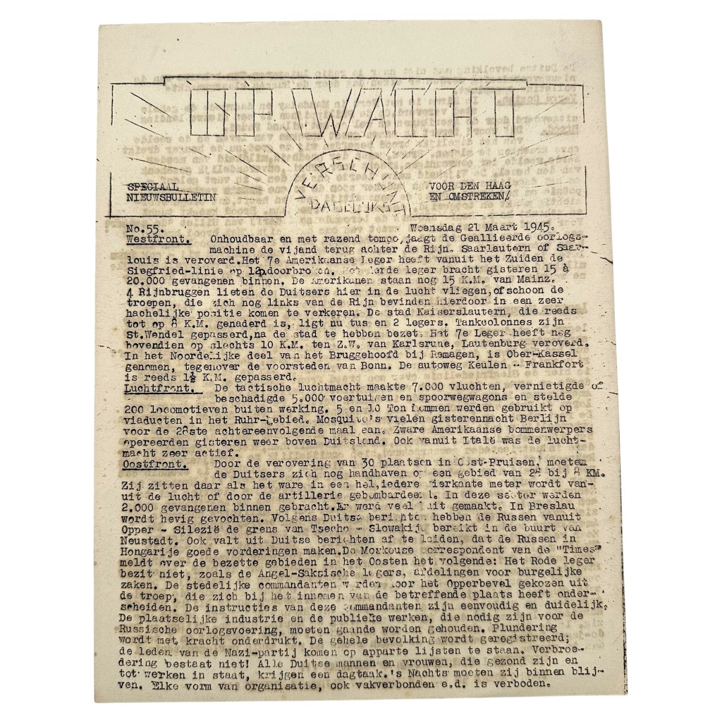 Originele WWII Nederlandse verzetskrant Op Wacht Den Haag illegale ondergrondse krant Tweede Wereldoorlog prijs per exemplaar.