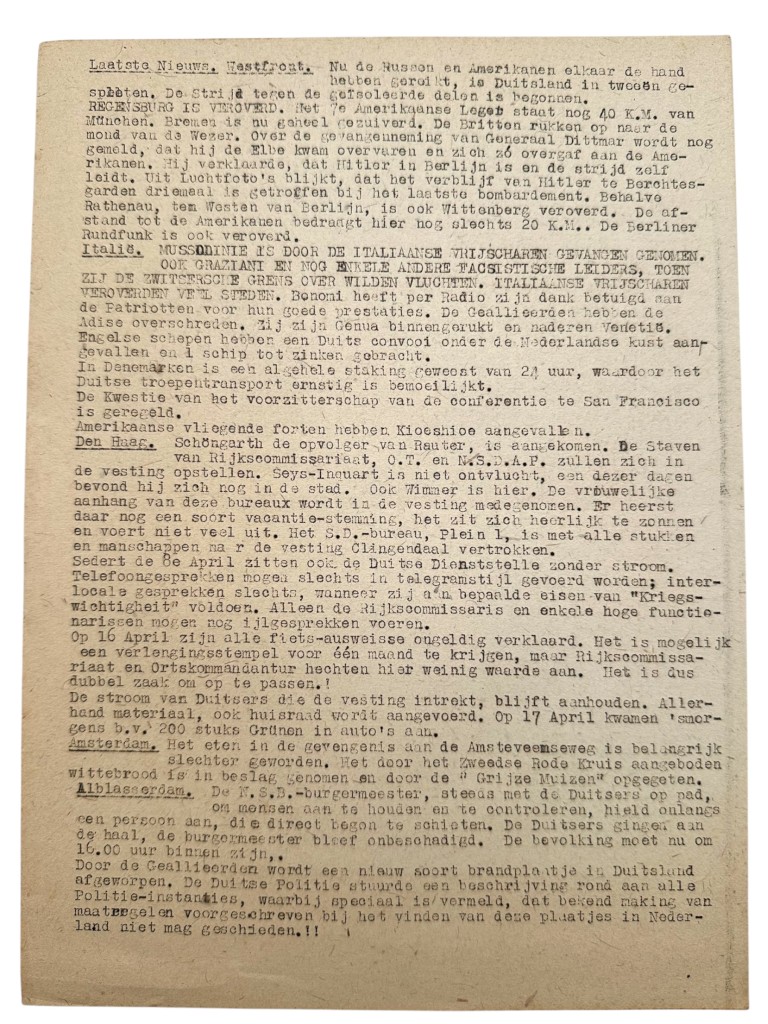 Original WWII Dutch Resistance Newspaper 'Op Wacht' No. 86 The Hague April 28 - 1945 Underground Newspaper - Image 4