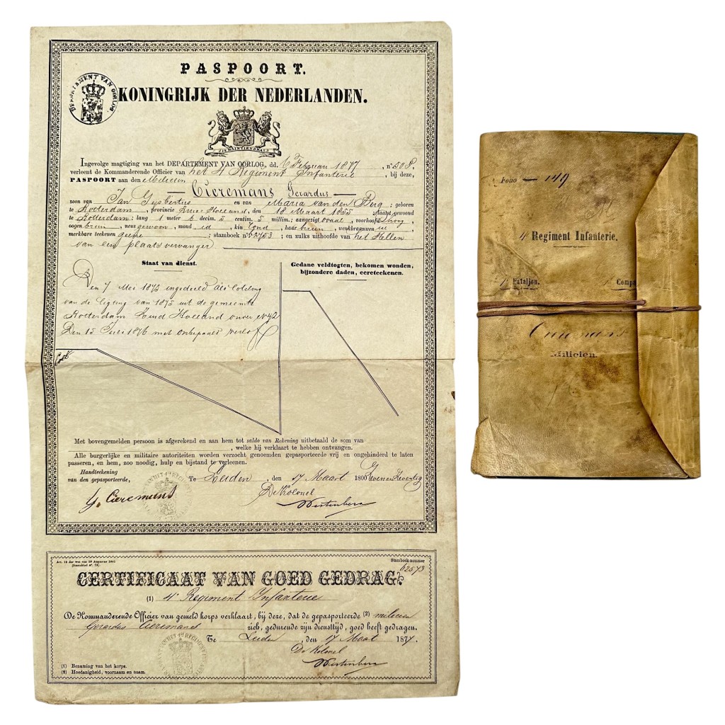 Origineel 1875 Nederlands leger zakboekje met militair paspoort 4e Regiment Infanterie Gerardus Cieremans Rotterdam compleet militair document.