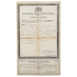 Originele 1882 Koninklijke Nederlandsche Marine ontslagbrief Willem de Fries Matroos 3de klasse Zr. Ms. fregat Evertsen Willemsoord.