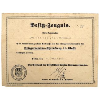 Original German 1930 Karl Sonnemann Kriegervereins-Ehrenkreuz II Class certificate Prussian Veterans Association Berlin military document.
