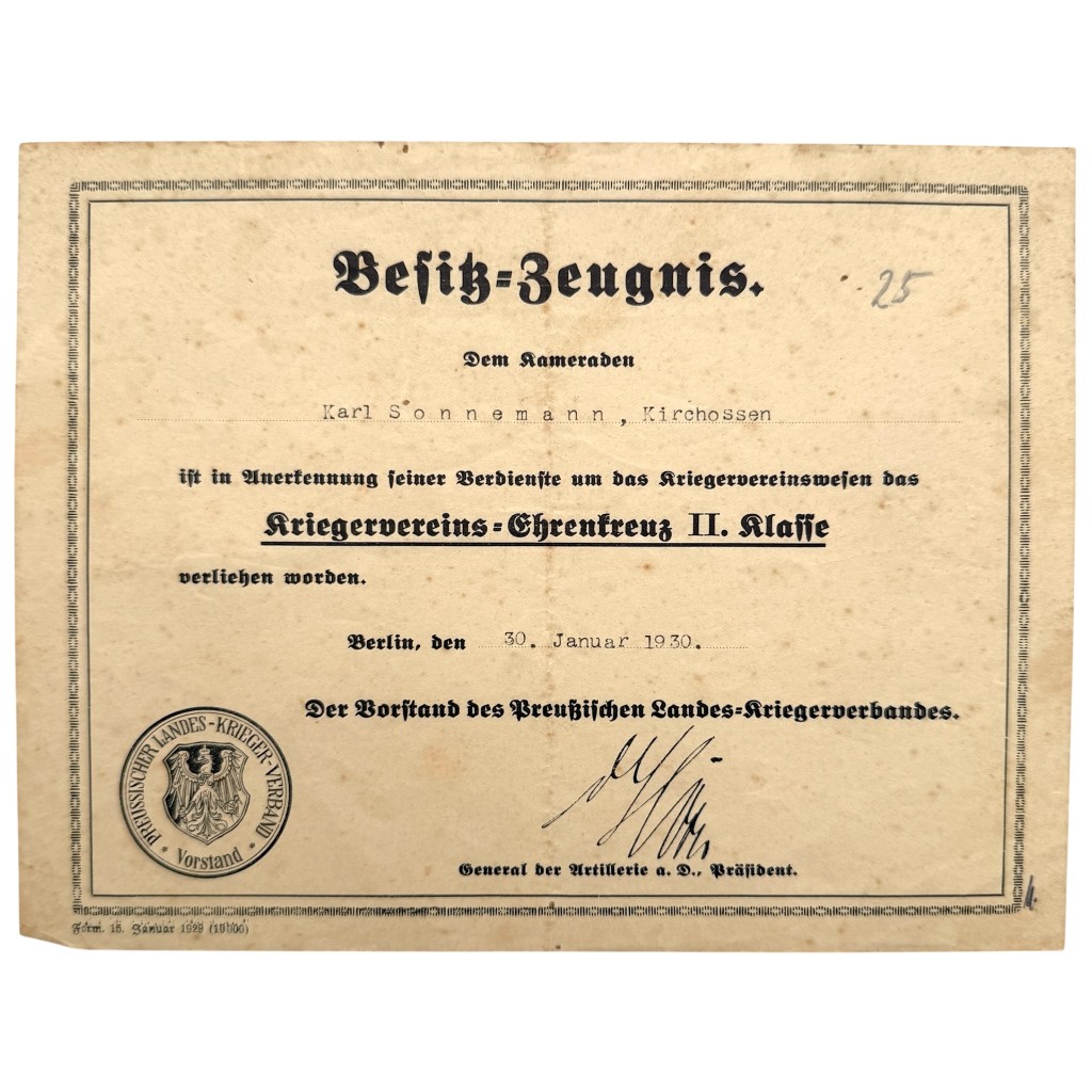 Original German 1930 Karl Sonnemann Kriegervereins-Ehrenkreuz II Class certificate Prussian Veterans Association Berlin military document.
